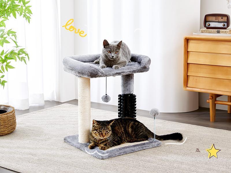 KFX-8984893 4-in-1 Cat Tree Tower with Self-Grooming Brush and Sisal Scratching Post, Plush Bed and Toy Balls for Indoor Kittens