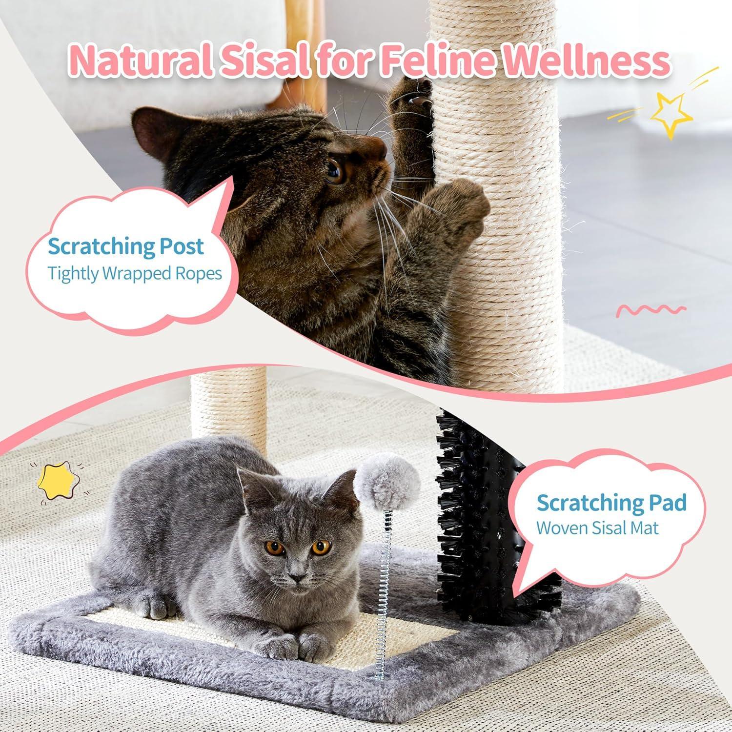 KFX-8984893 4-in-1 Cat Tree Tower with Self-Grooming Brush and Sisal Scratching Post, Plush Bed and Toy Balls for Indoor Kittens