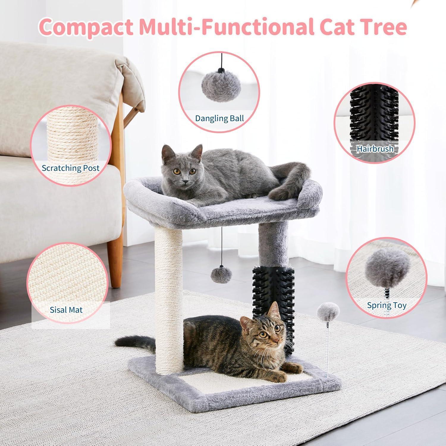 KFX-8984893 4-in-1 Cat Tree Tower with Self-Grooming Brush and Sisal Scratching Post, Plush Bed and Toy Balls for Indoor Kittens