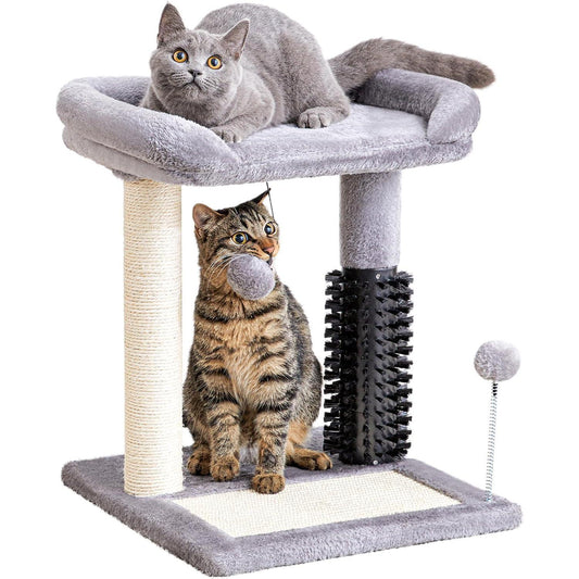 KFX-8984893 4-in-1 Cat Tree Tower with Self-Grooming Brush and Sisal Scratching Post, Plush Bed and Toy Balls for Indoor Kittens