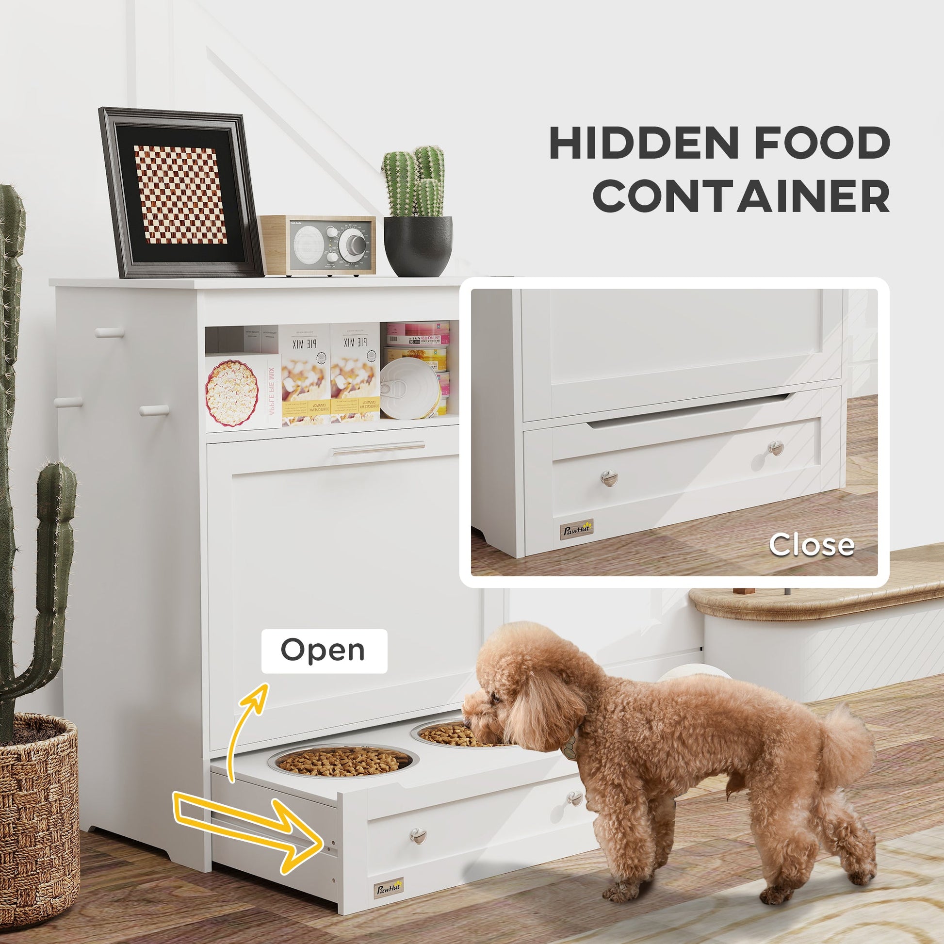 KFX-8991165 Pet Feeder Station with Storage Cabinet, Removable Bowls, and Treat Storage - White MDF Design