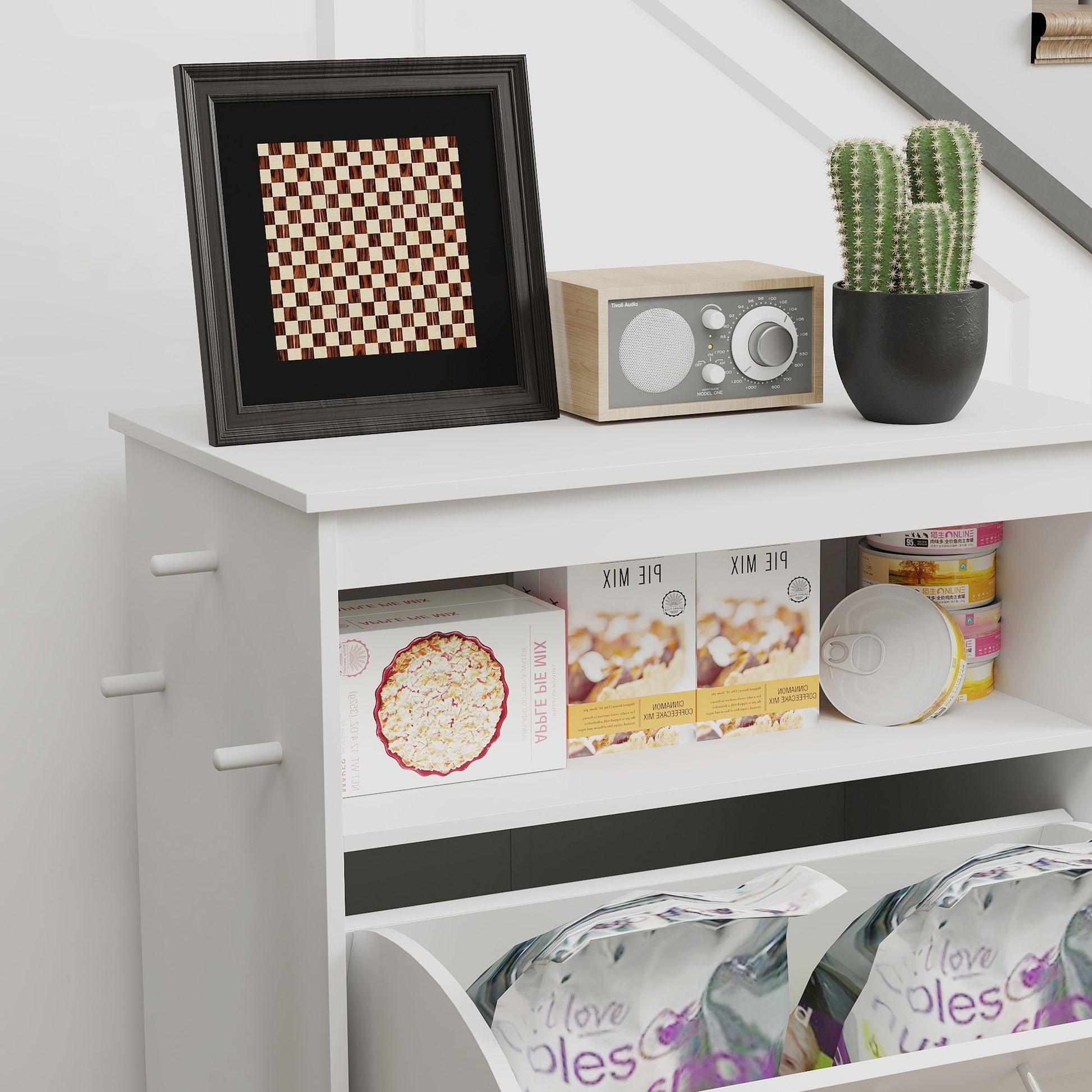 KFX-8991165 Pet Feeder Station with Storage Cabinet, Removable Bowls, and Treat Storage - White MDF Design