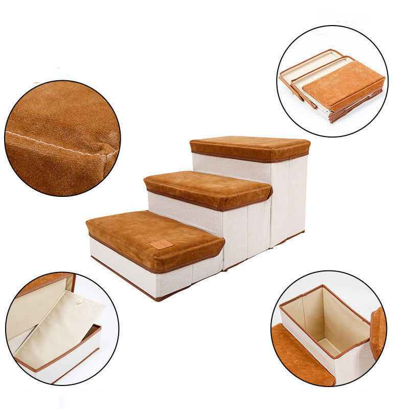 KFX-8999101 Foldable Brown Flannel and Cotton Pet Dog Stairs with 25KG Load Capacity and Storage Box