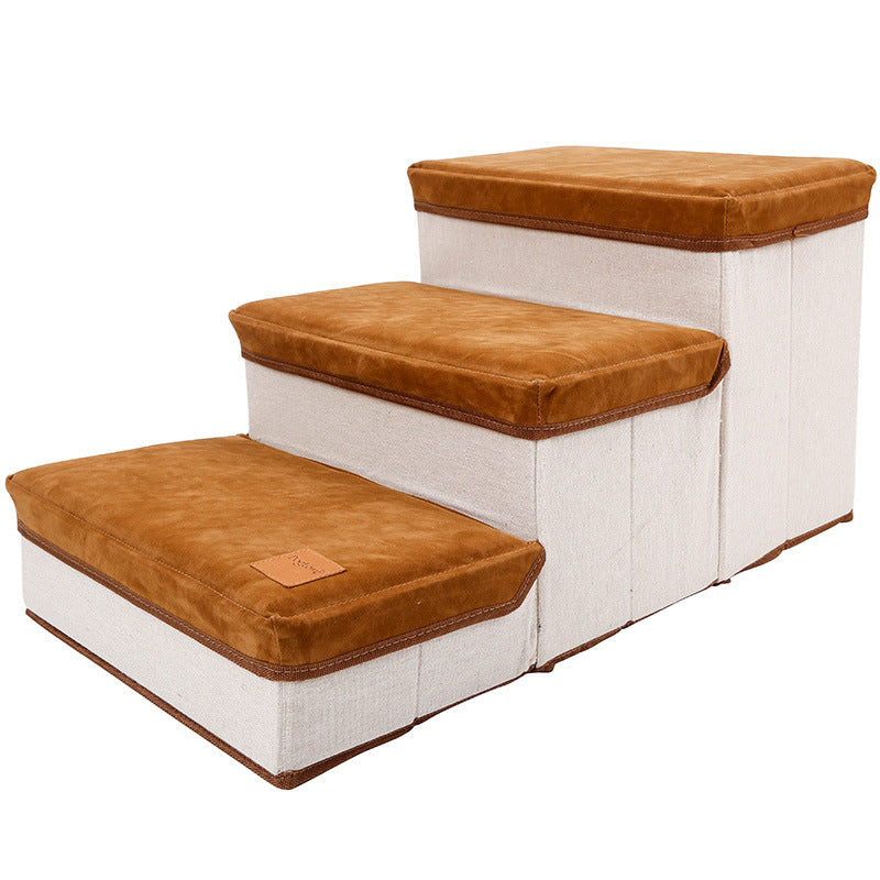 KFX-8999101 Foldable Brown Flannel and Cotton Pet Dog Stairs with 25KG Load Capacity and Storage Box