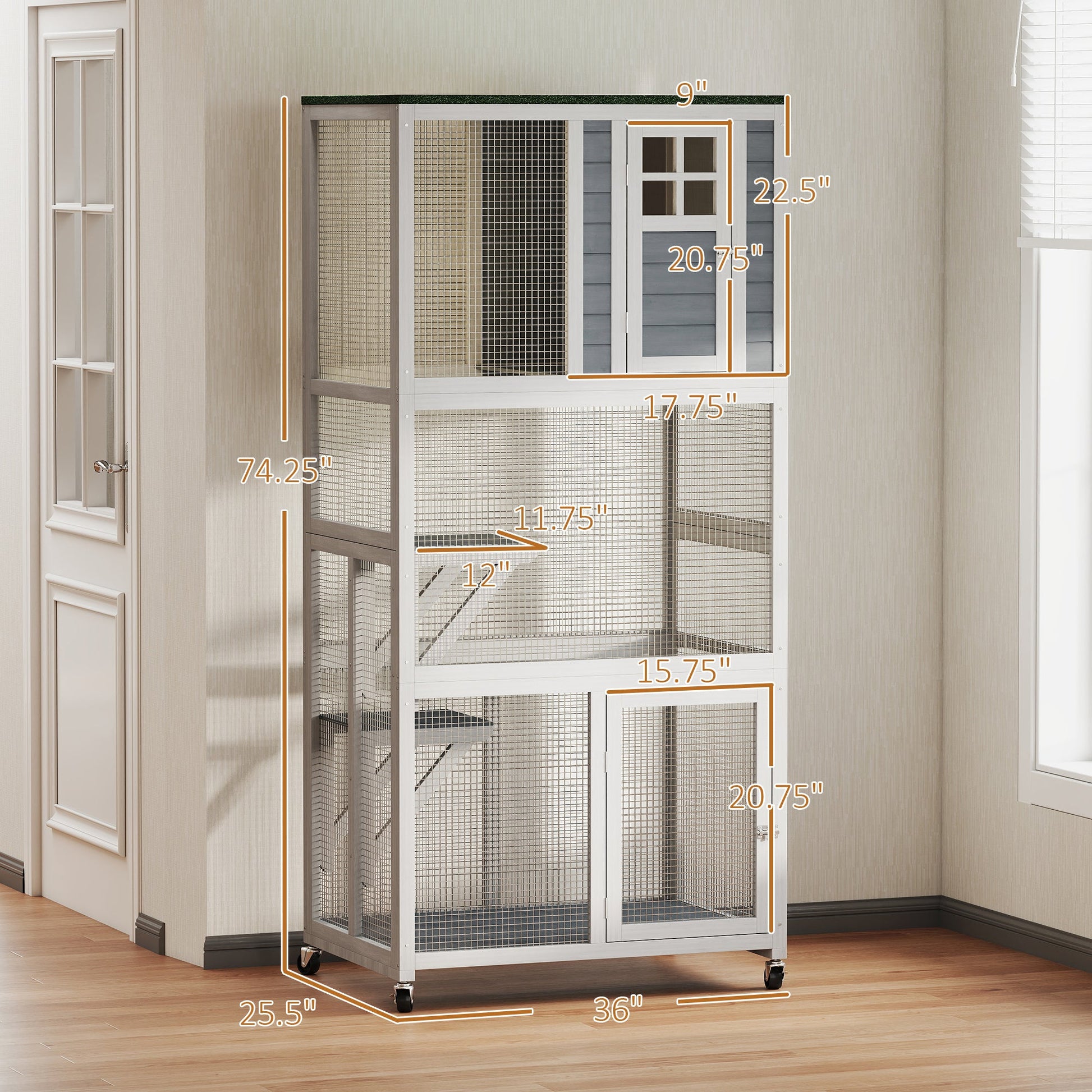KFX-9000765 Outdoor Cat Enclosure with Weatherproof Features and Wheels - 74-Inch Large Catio