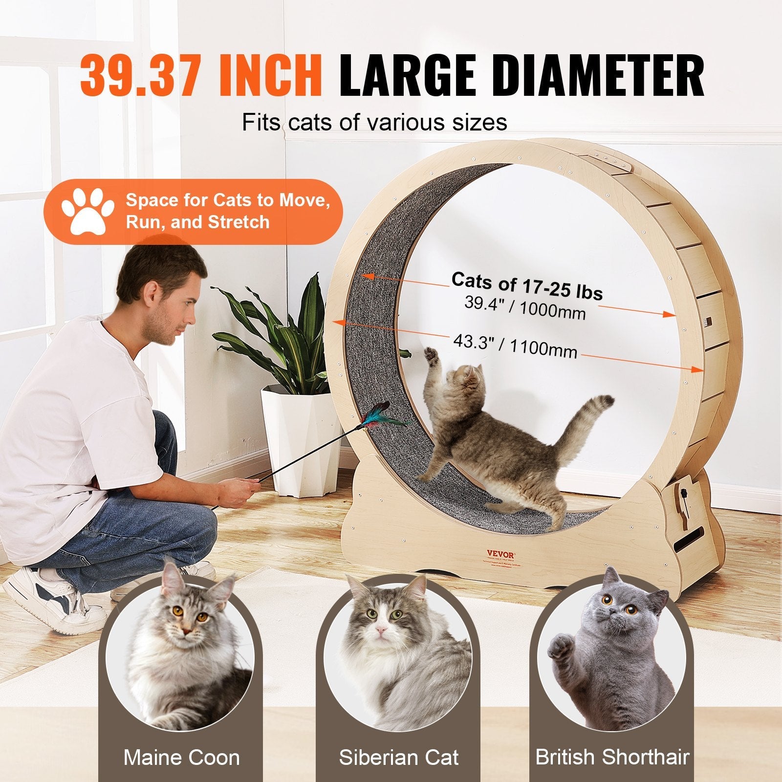 KFX-9001533 Large Cat Exercise Wheel – 43.3-Inch Indoor Treadmill for Cats up to 25 lbs – Durable Wooden Design with Noise Reduction Features