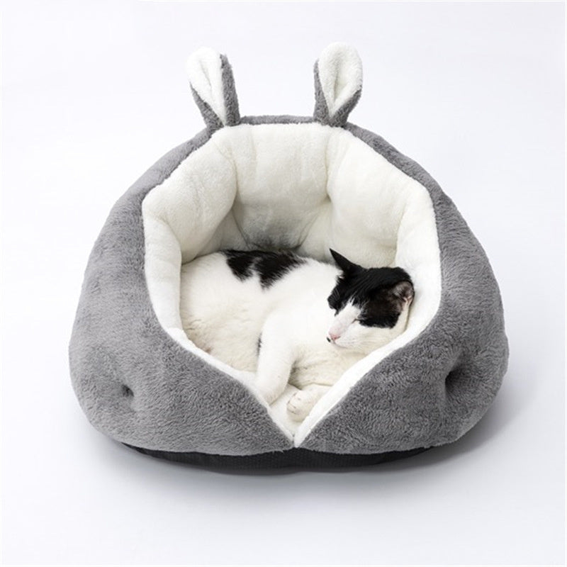KFX-9004733 Cozy Rabbit Ear Cat Nest Pet Bed in Pink or Gray – Soft Leather and Flannelette Design