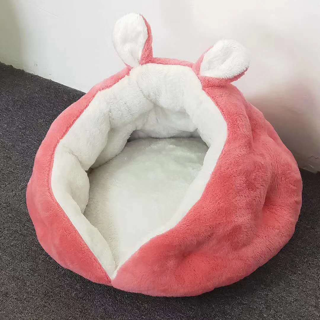 KFX-9004733 Cozy Rabbit Ear Cat Nest Pet Bed in Pink or Gray – Soft Leather and Flannelette Design