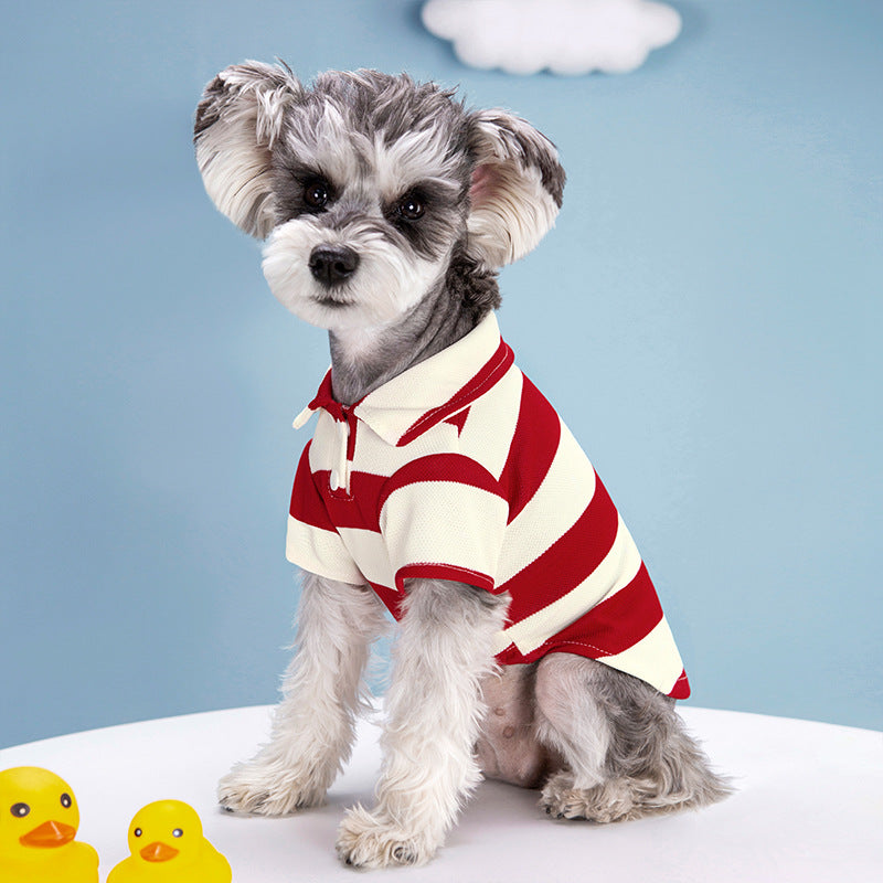 KFX-9010621 Striped Pet Dog Polo Shirt with Beaded Lapel - Elastic Fit in Various Colors and Sizes