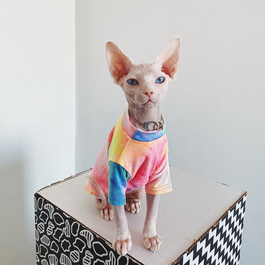 KFX-9012029 Casual Tie-Dye Rainbow Vest for Hairless Cats - Cotton Pet Clothes