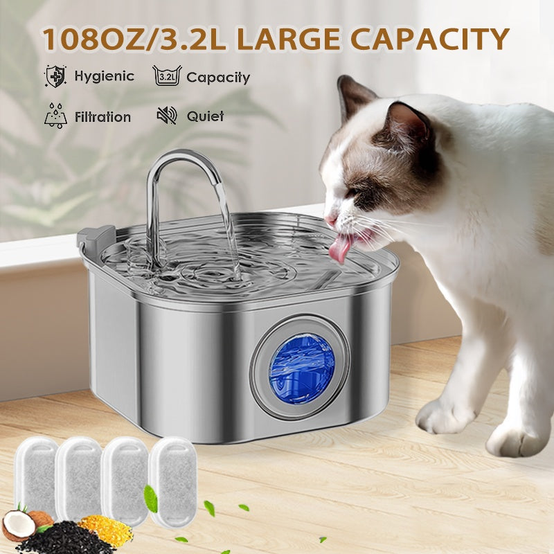 KFX-9012285 Stainless Steel Cat Water Fountain, 108oz Automatic Pet Drinking Dispenser with Quadruple Filtration System
