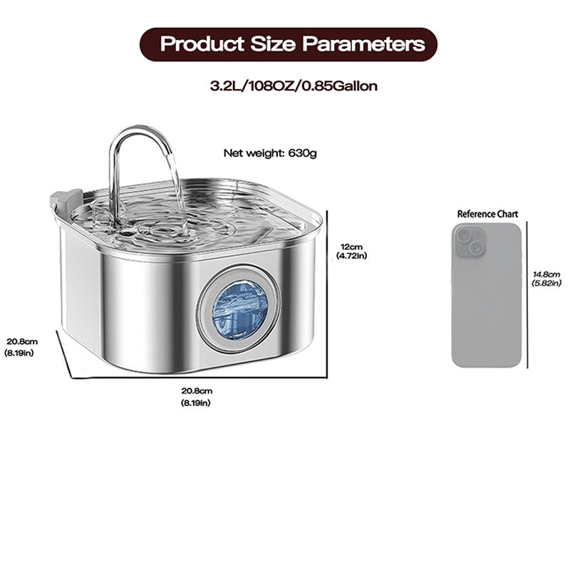 KFX-9012285 Stainless Steel Cat Water Fountain, 108oz Automatic Pet Drinking Dispenser with Quadruple Filtration System
