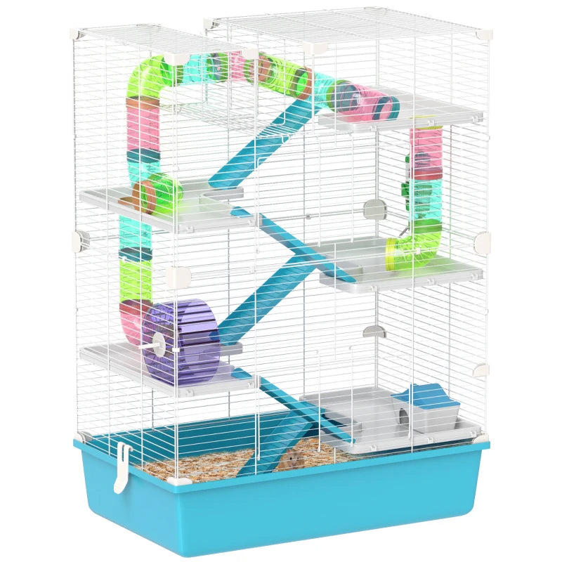 KFX-9015869 Six-Tier Dwarf Hamster Cage with Tubes, Tunnels, Hut, Wheel, Food Dish, Water Bottle, and Ramps - Light Blue