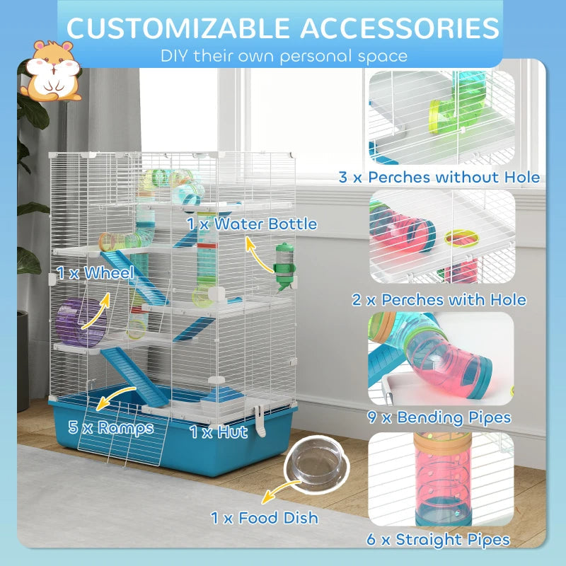 KFX-9015869 Six-Tier Dwarf Hamster Cage with Tubes, Tunnels, Hut, Wheel, Food Dish, Water Bottle, and Ramps - Light Blue