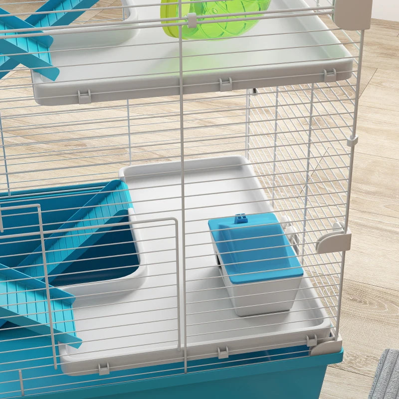 KFX-9015869 Six-Tier Dwarf Hamster Cage with Tubes, Tunnels, Hut, Wheel, Food Dish, Water Bottle, and Ramps - Light Blue