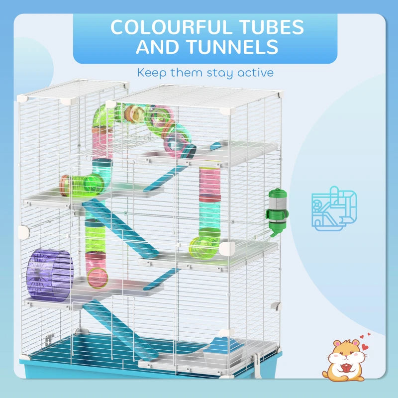 KFX-9015869 Six-Tier Dwarf Hamster Cage with Tubes, Tunnels, Hut, Wheel, Food Dish, Water Bottle, and Ramps - Light Blue