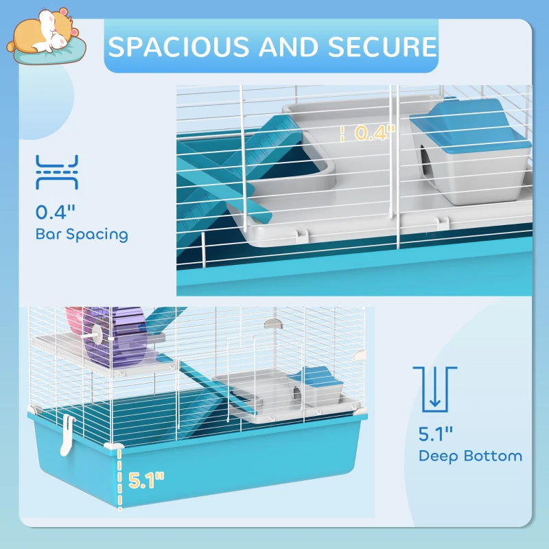 KFX-9015869 Six-Tier Dwarf Hamster Cage with Tubes, Tunnels, Hut, Wheel, Food Dish, Water Bottle, and Ramps - Light Blue