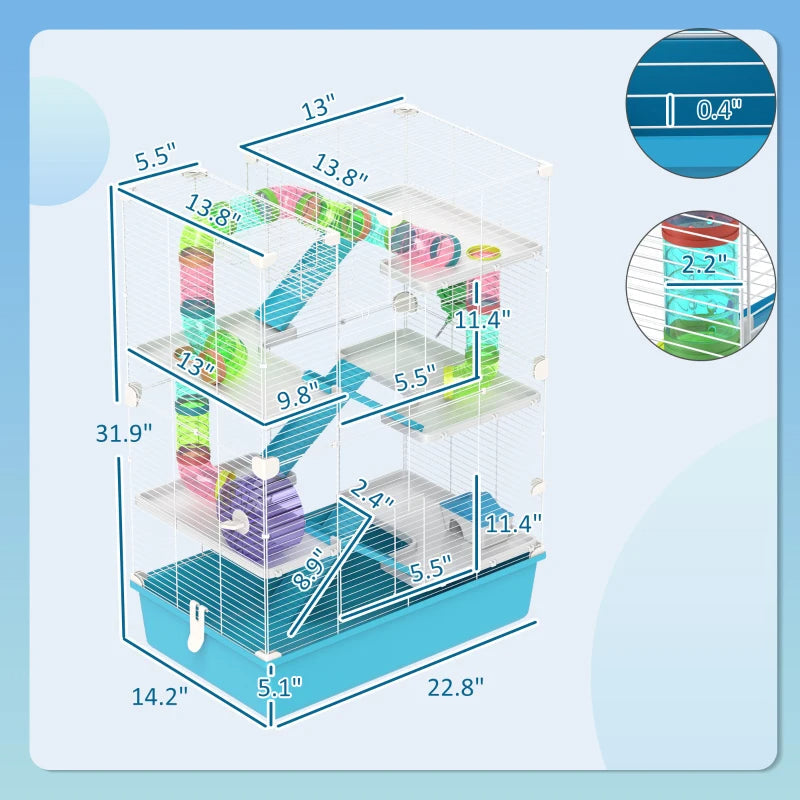 KFX-9015869 Six-Tier Dwarf Hamster Cage with Tubes, Tunnels, Hut, Wheel, Food Dish, Water Bottle, and Ramps - Light Blue