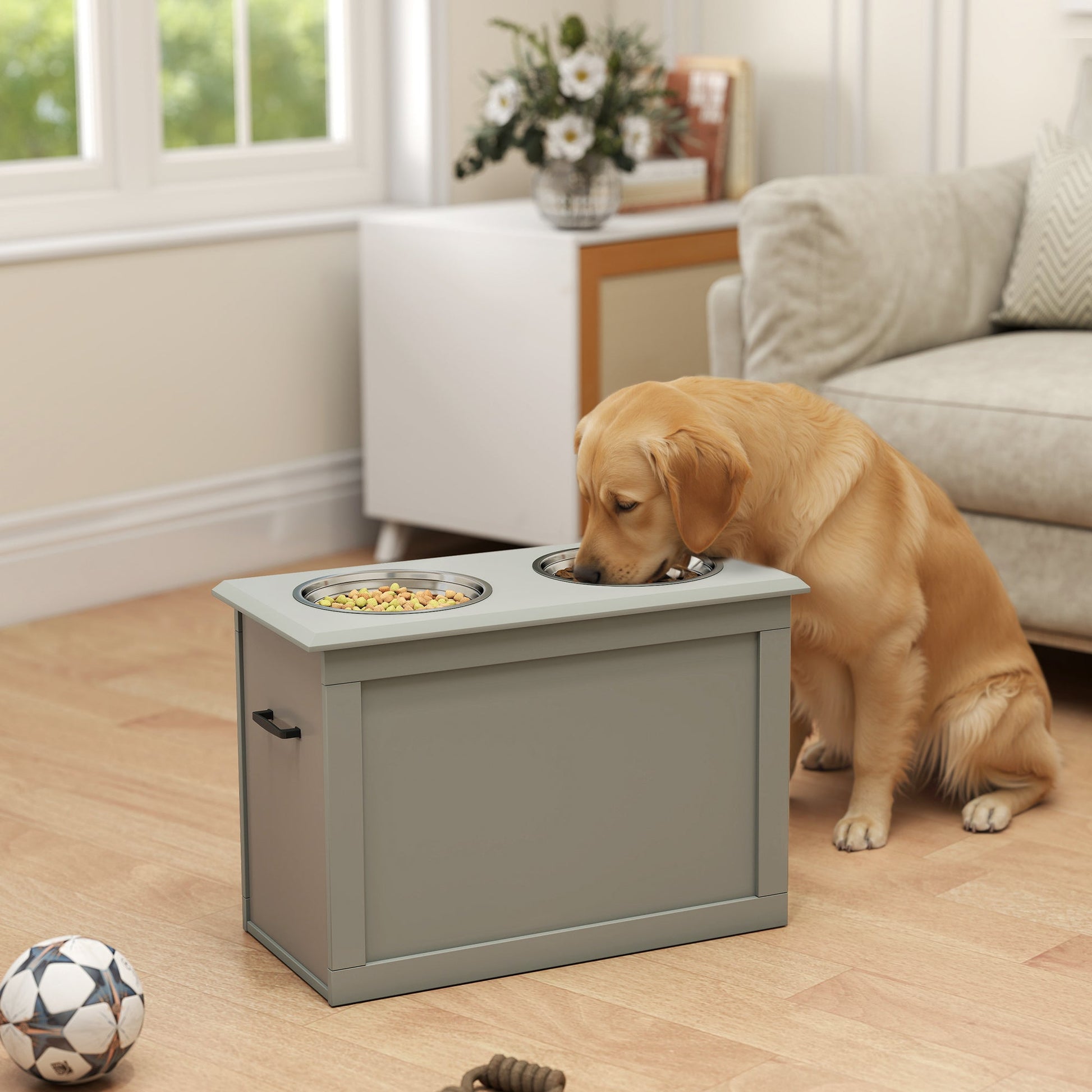 KFX-9023933 Gray Raised Pet Feeding Station with 2 Stainless Steel Bowls and Hidden Storage for Large Dogs