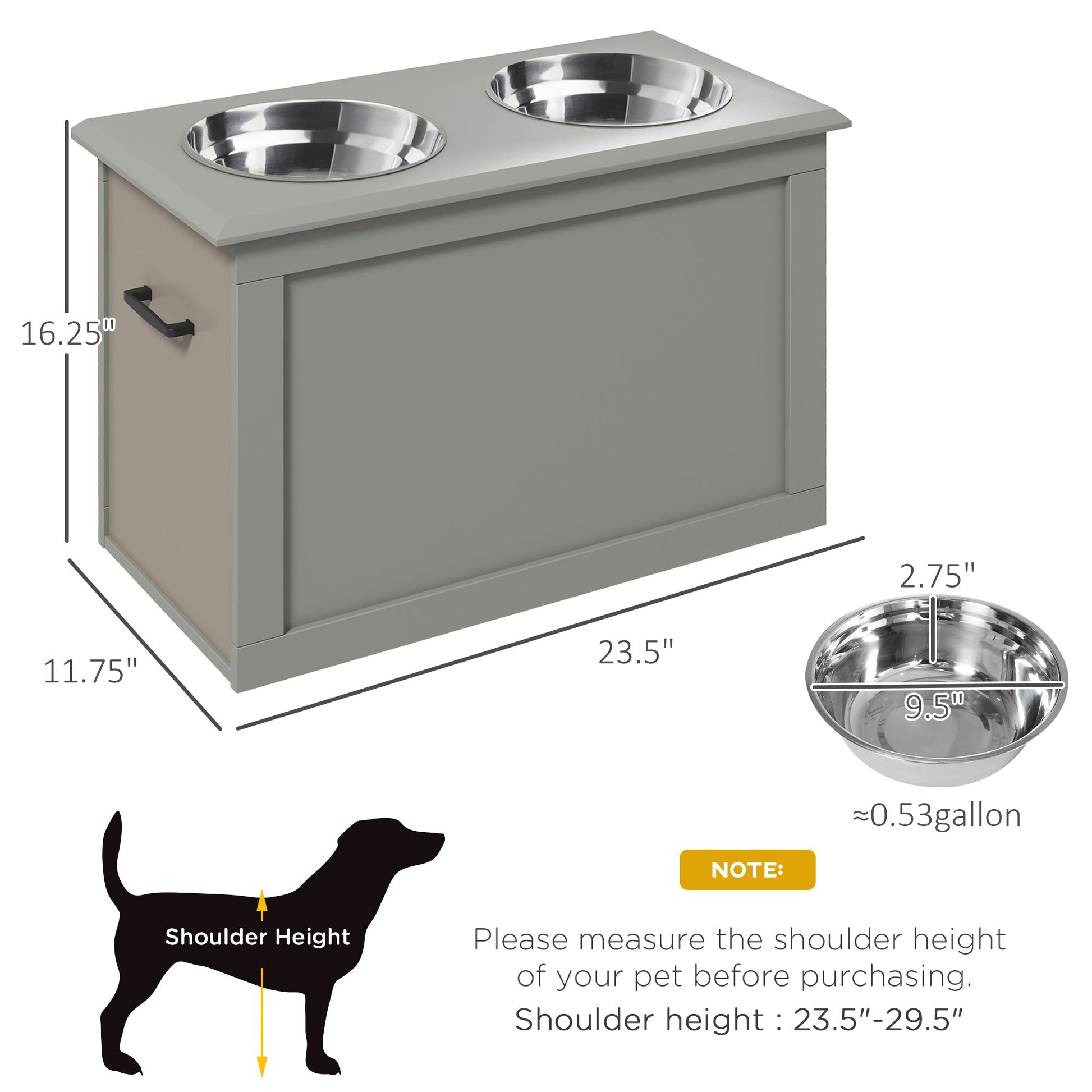 KFX-9023933 Gray Raised Pet Feeding Station with 2 Stainless Steel Bowls and Hidden Storage for Large Dogs