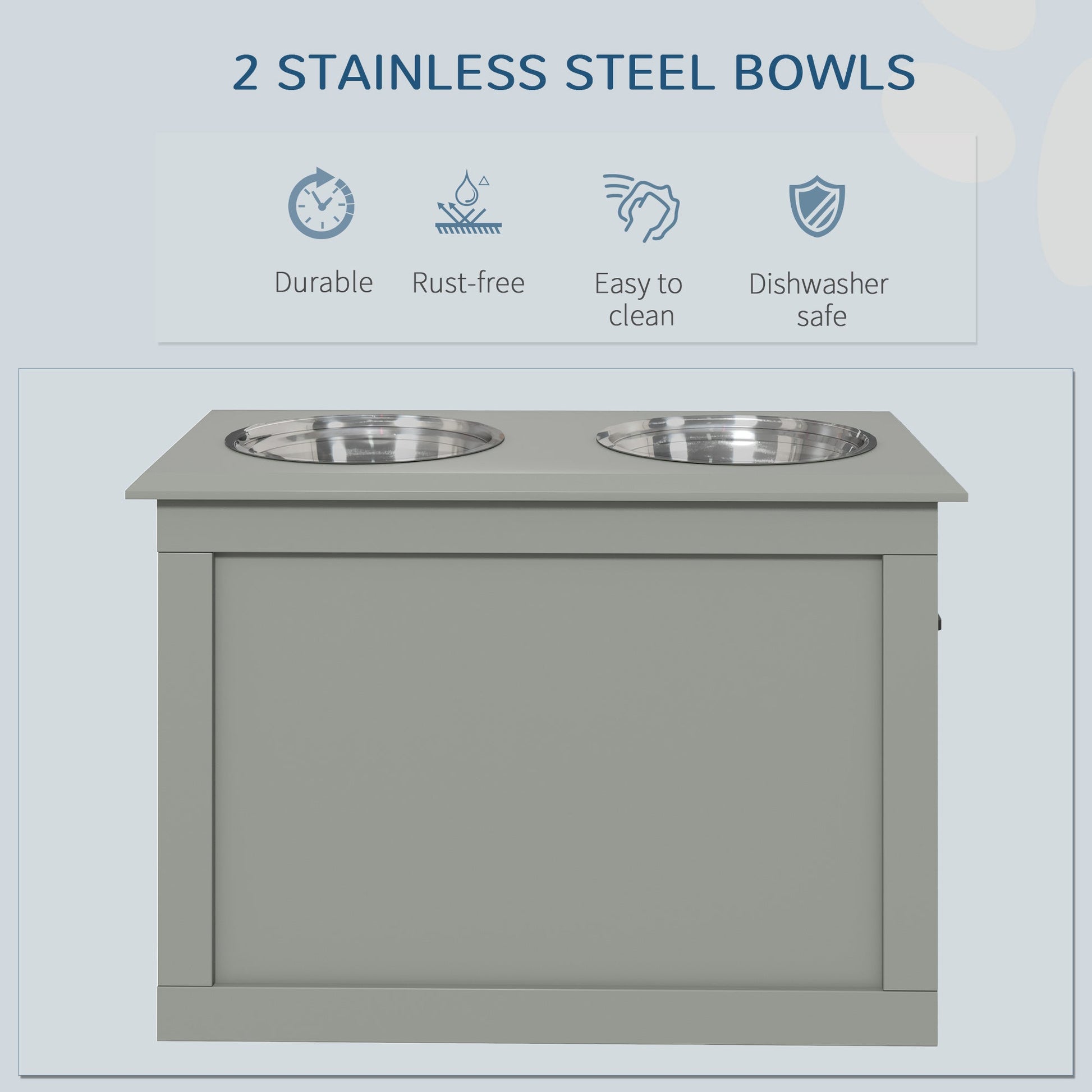 KFX-9023933 Gray Raised Pet Feeding Station with 2 Stainless Steel Bowls and Hidden Storage for Large Dogs