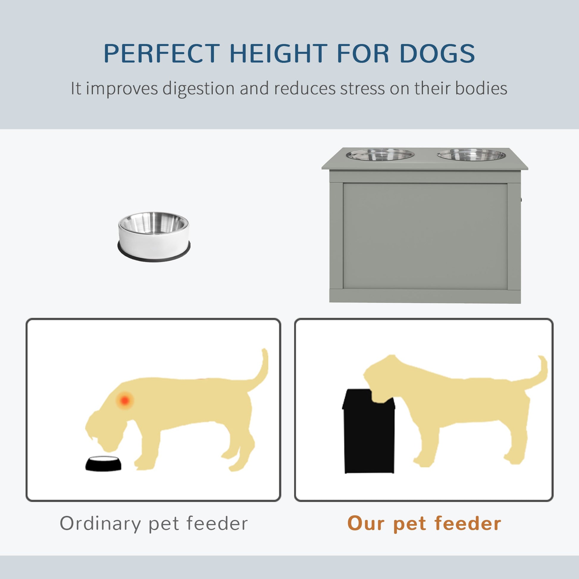 KFX-9023933 Gray Raised Pet Feeding Station with 2 Stainless Steel Bowls and Hidden Storage for Large Dogs