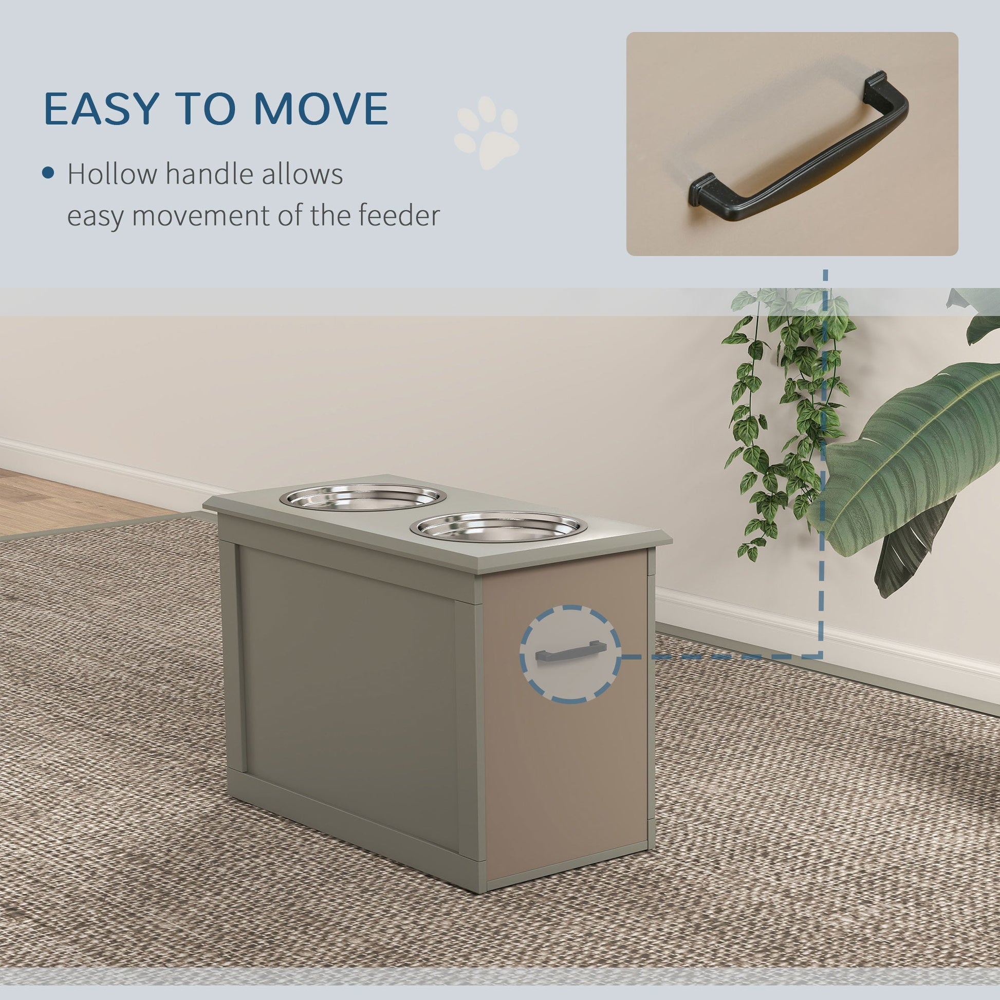 KFX-9023933 Gray Raised Pet Feeding Station with 2 Stainless Steel Bowls and Hidden Storage for Large Dogs