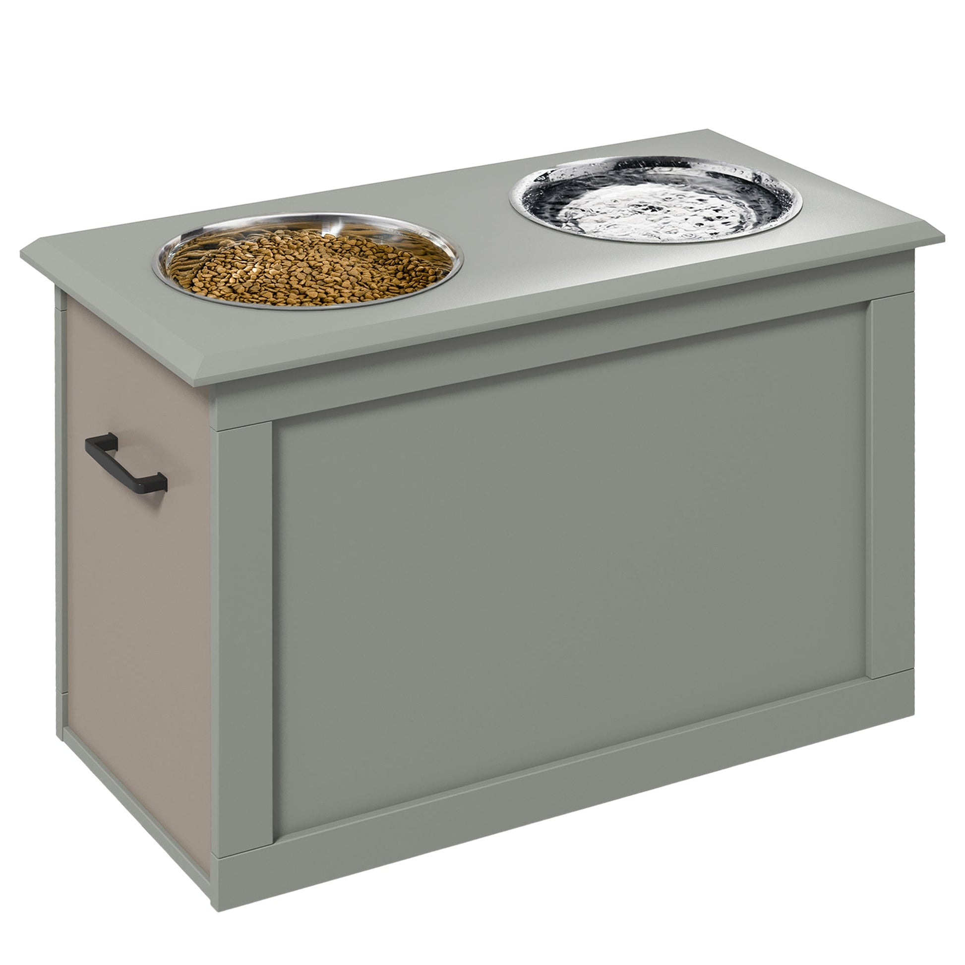 KFX-9023933 Gray Raised Pet Feeding Station with 2 Stainless Steel Bowls and Hidden Storage for Large Dogs
