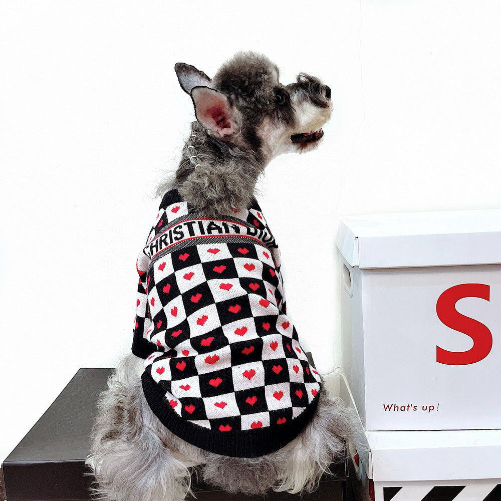 KFX-9025725 Casual Black and White Checkerboard Wool Sweater for Dogs, Multiple Sizes Available