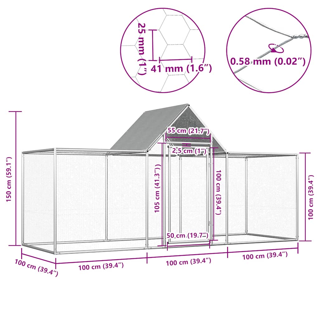 KFX-9040829 Spacious Silver Galvanized Steel Chicken Coop - 3x1x1.5 m with Lockable Door and Mesh Design
