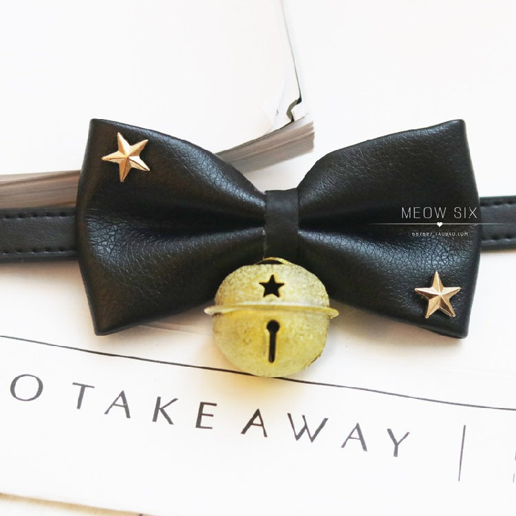 KFX-9041469 Leather Cat Bow Tie with Bell Options for Small and Medium Pets