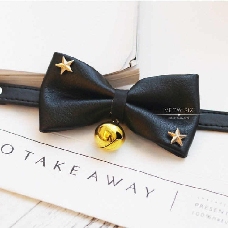 KFX-9041469 Leather Cat Bow Tie with Bell Options for Small and Medium Pets