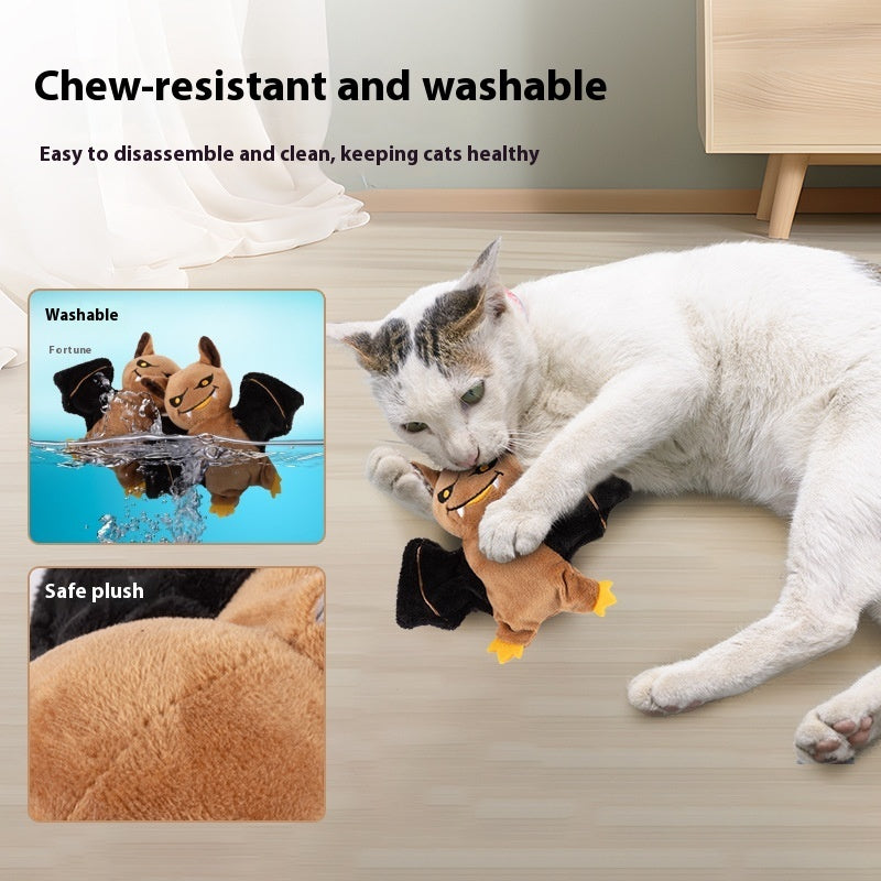 KFX-9046589 Rechargeable Plush Electric Cat Toy with Swinging Wings - Halloween Bat and Naughty Pumpkin Designs