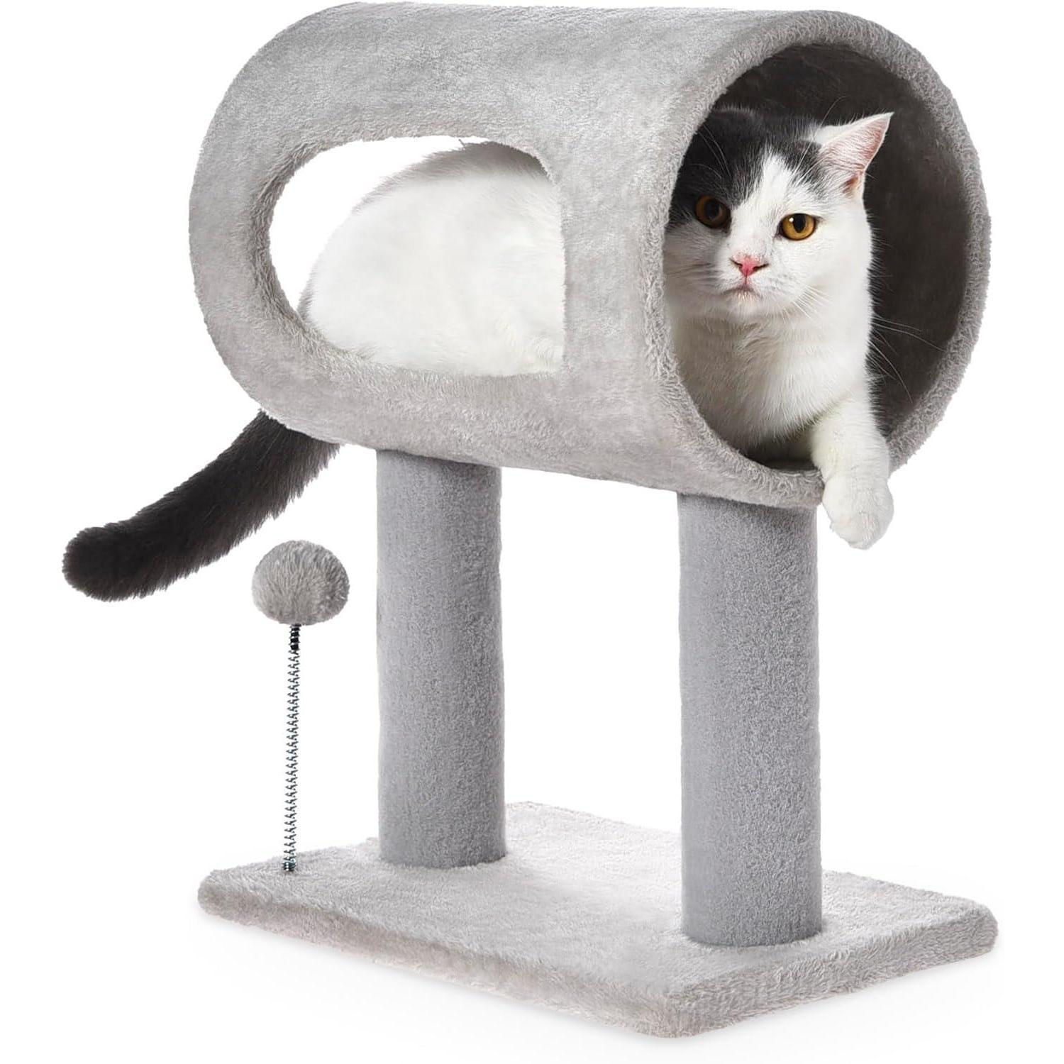 KFX-9050429 Gray Indoor Cat Tree with Tunnel Bed, Hanging Ball, and Scratching Post for Cats