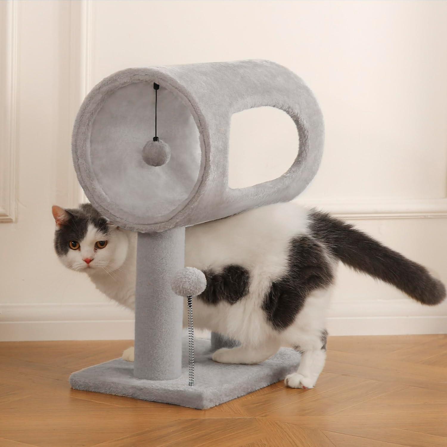 KFX-9050429 Gray Indoor Cat Tree with Tunnel Bed, Hanging Ball, and Scratching Post for Cats