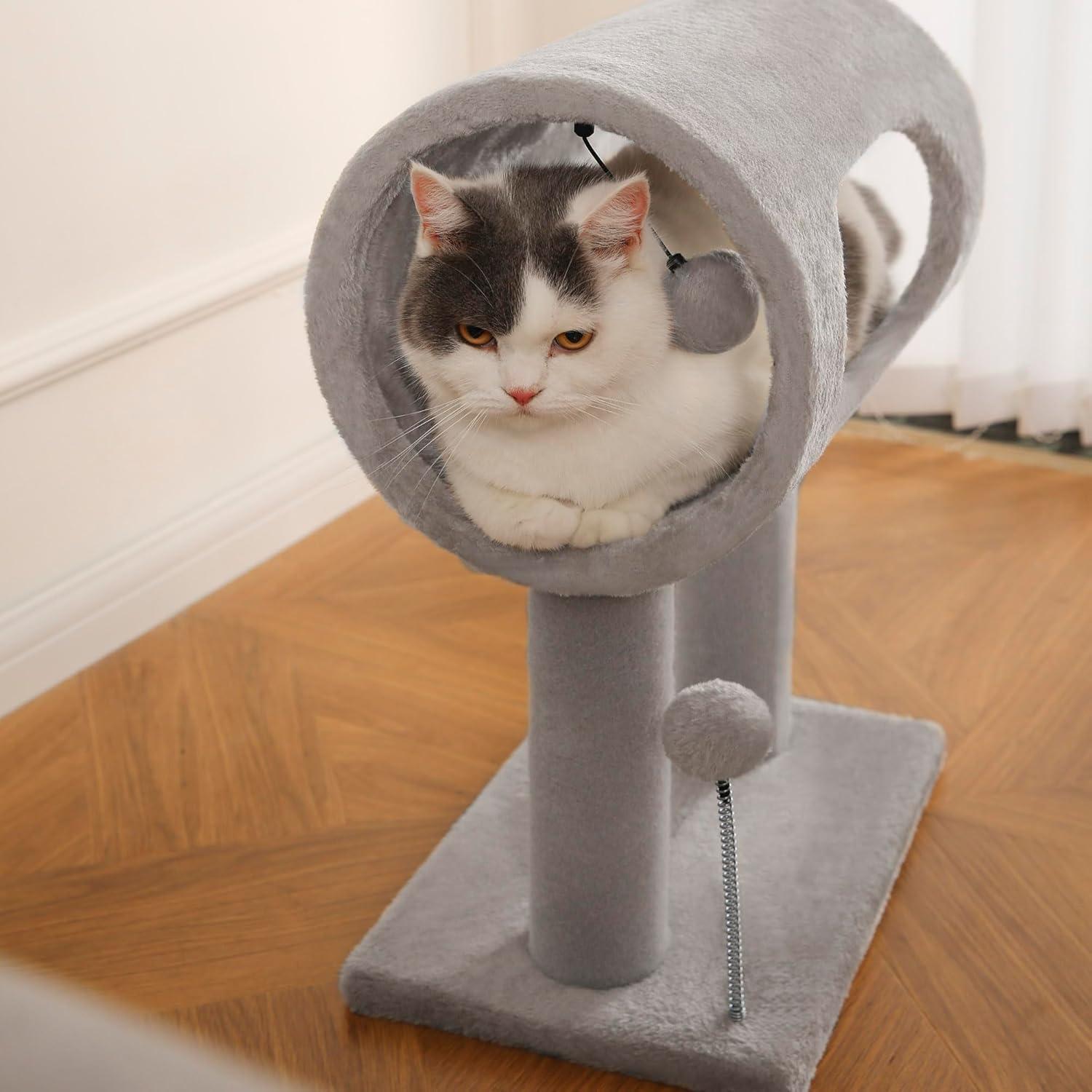 KFX-9050429 Gray Indoor Cat Tree with Tunnel Bed, Hanging Ball, and Scratching Post for Cats