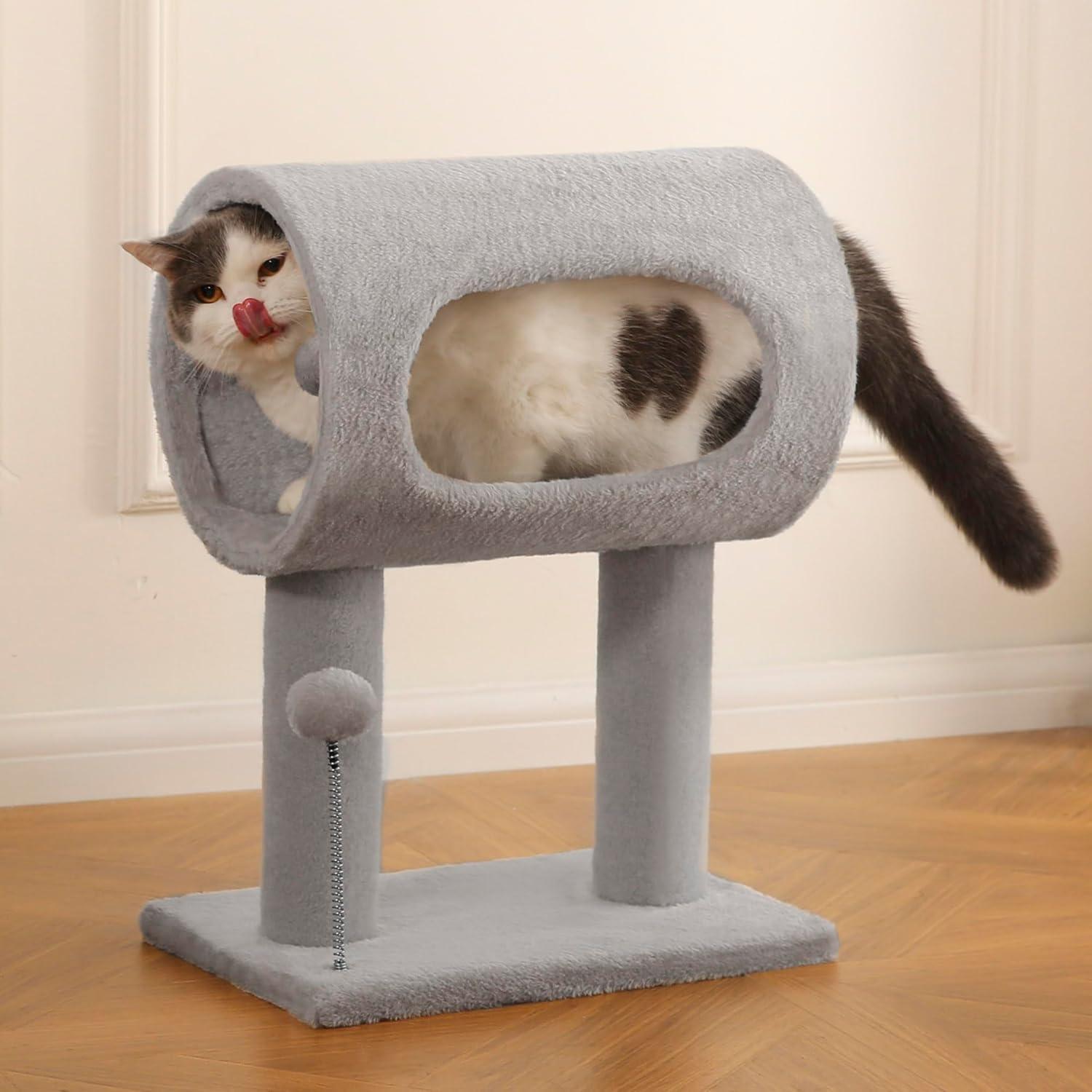 KFX-9050429 Gray Indoor Cat Tree with Tunnel Bed, Hanging Ball, and Scratching Post for Cats