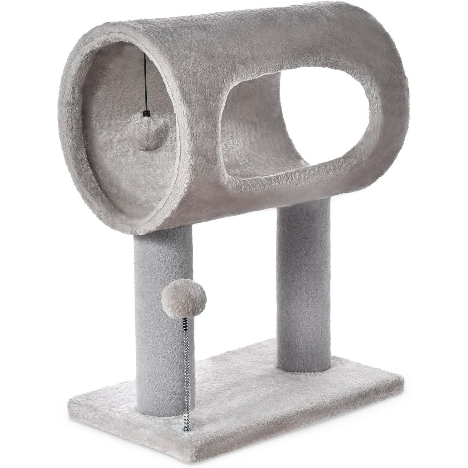 KFX-9050429 Gray Indoor Cat Tree with Tunnel Bed, Hanging Ball, and Scratching Post for Cats