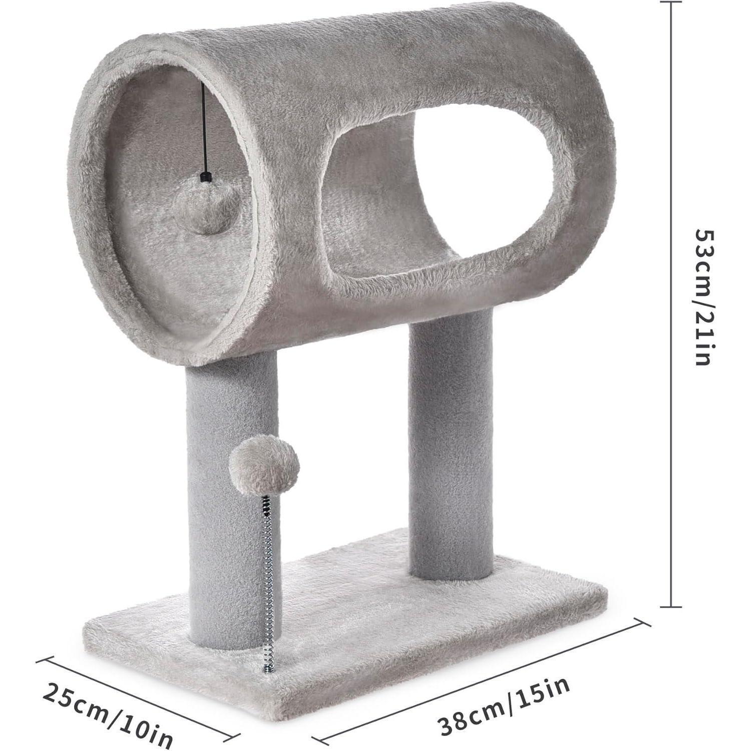 KFX-9050429 Gray Indoor Cat Tree with Tunnel Bed, Hanging Ball, and Scratching Post for Cats