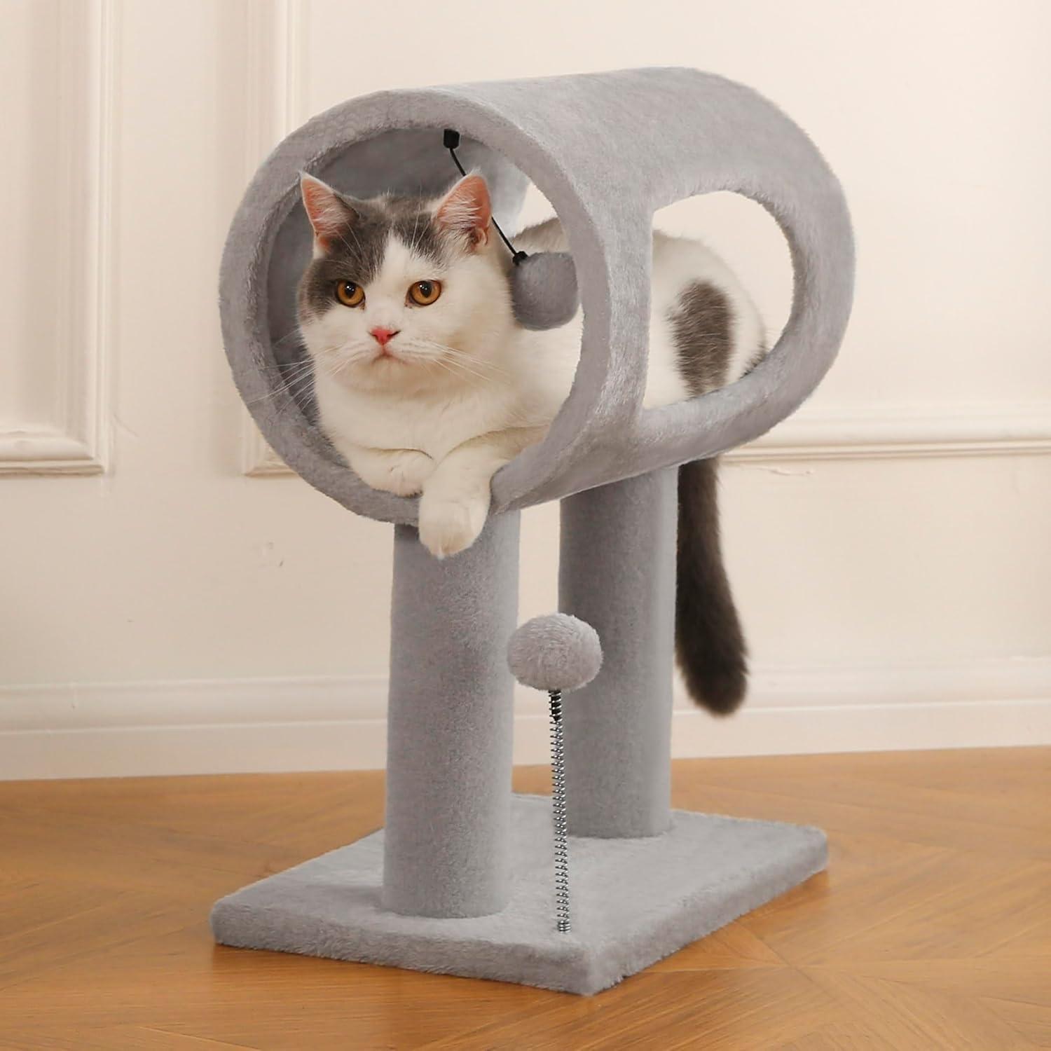 KFX-9050429 Gray Indoor Cat Tree with Tunnel Bed, Hanging Ball, and Scratching Post for Cats