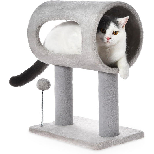 KFX-9050429 Gray Indoor Cat Tree with Tunnel Bed, Hanging Ball, and Scratching Post for Cats