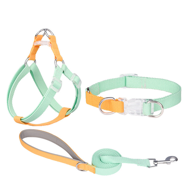 KFX-9054525 Three-Piece Set Polyester Ribbon Dog Collar with Leash and Chest Strap - Adjustable Sizes
