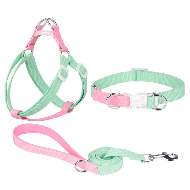 KFX-9054525 Three-Piece Set Polyester Ribbon Dog Collar with Leash and Chest Strap - Adjustable Sizes