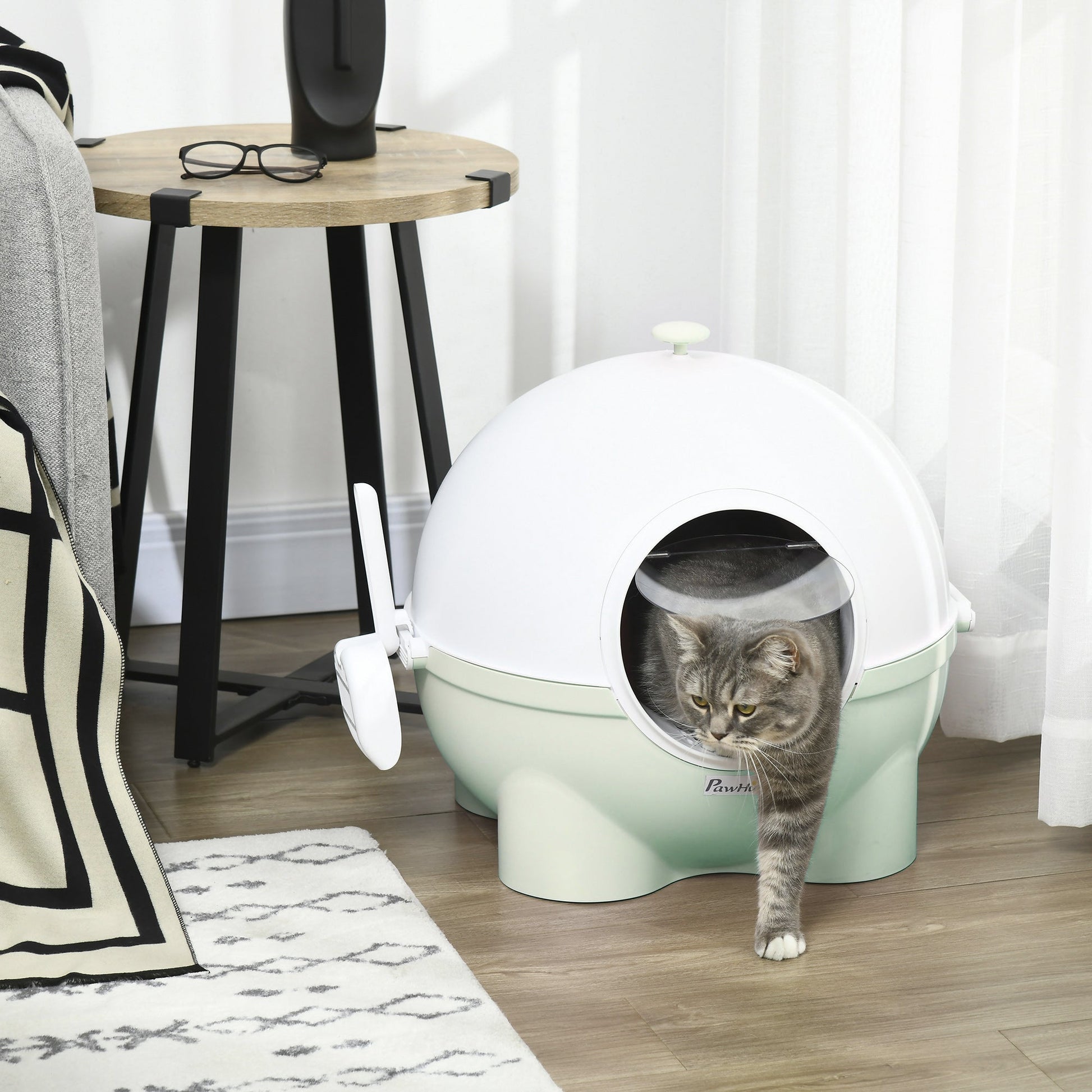 KFX-9056189 Large Hooded Cat Litter Box with Lid, Scoop, Leaking Sand Pedal, Top Handle - Light Green