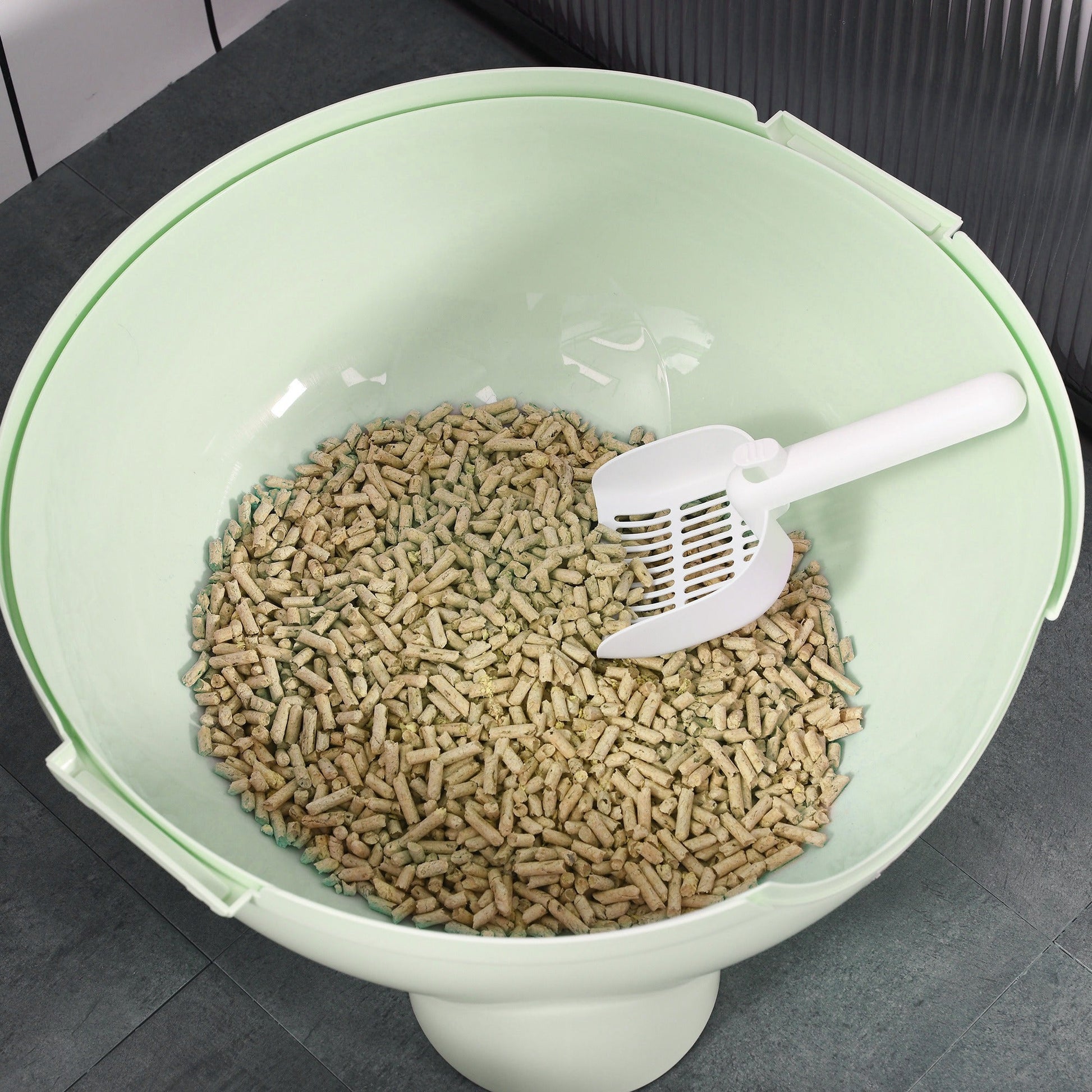 KFX-9056189 Large Hooded Cat Litter Box with Lid, Scoop, Leaking Sand Pedal, Top Handle - Light Green