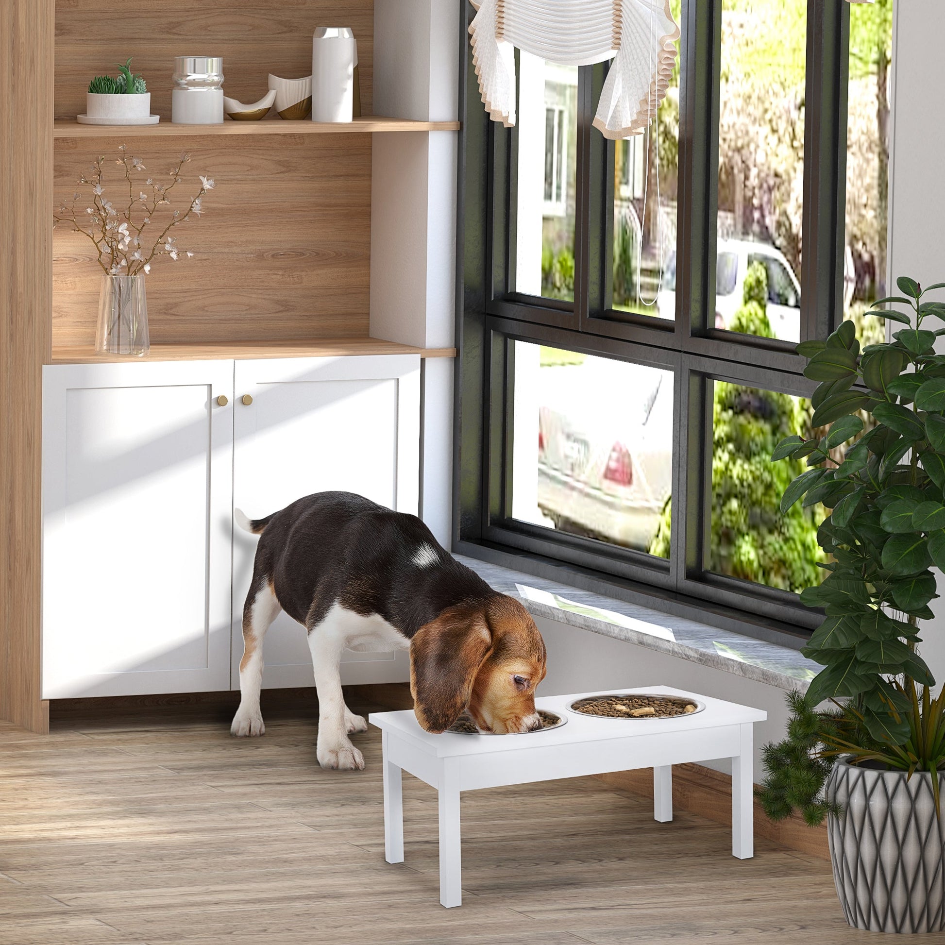 KFX-9056701 Elevated Wooden Dog Feeding Station with Stainless Steel Bowls - 23" White Design