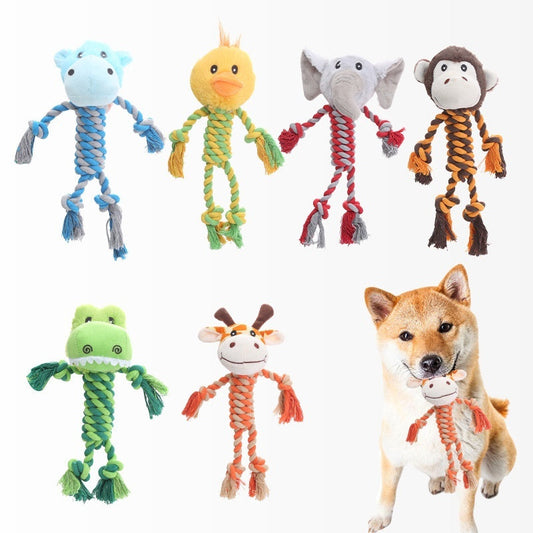 KFX-9061309 Animal-Shaped Plush Dog Toy for Molar Chewing - Bite-Resistant Hippo, Giraffe, Elephant, and Duck
