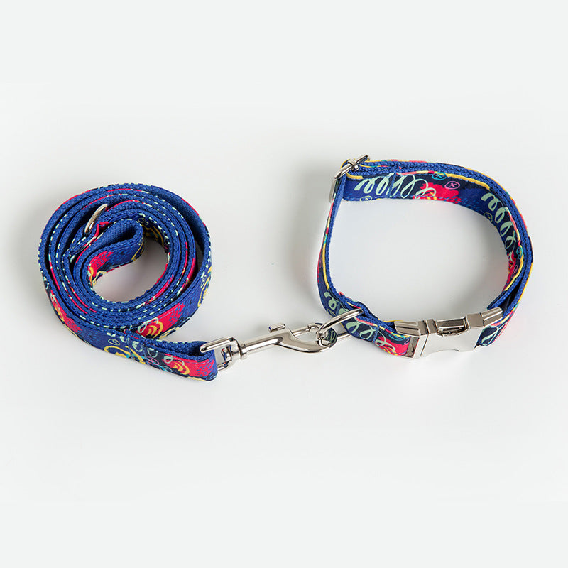 KFX-9066045 Graffiti Print Pet Collar and Leash Set in Blue for All Pets
