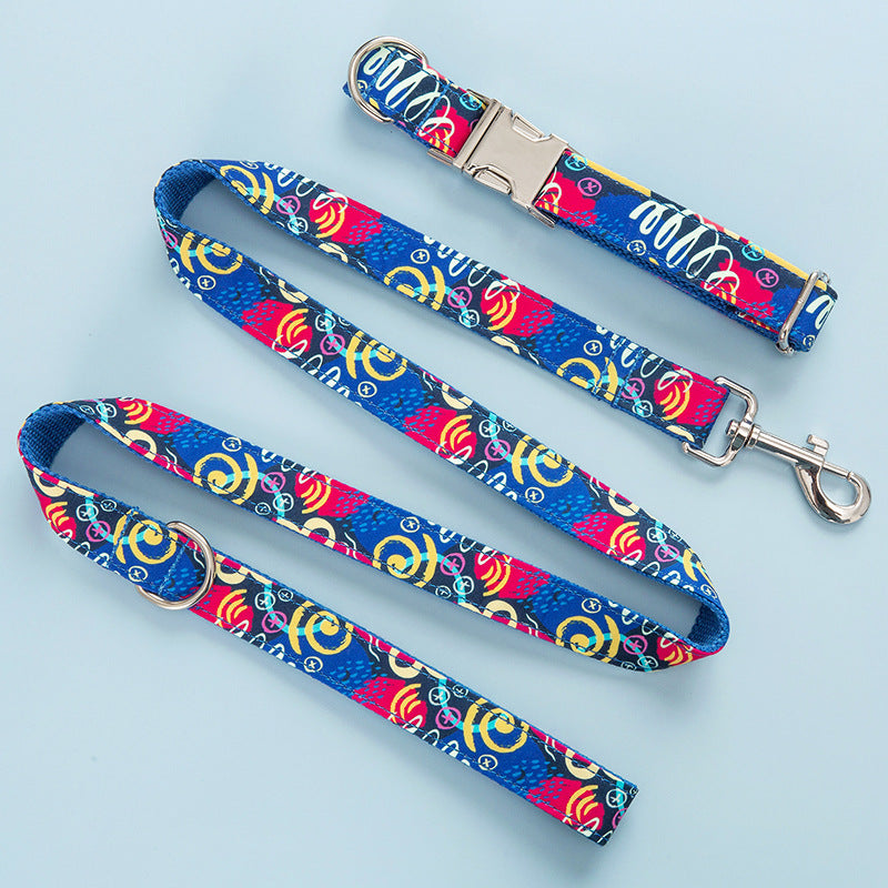 KFX-9066045 Graffiti Print Pet Collar and Leash Set in Blue for All Pets