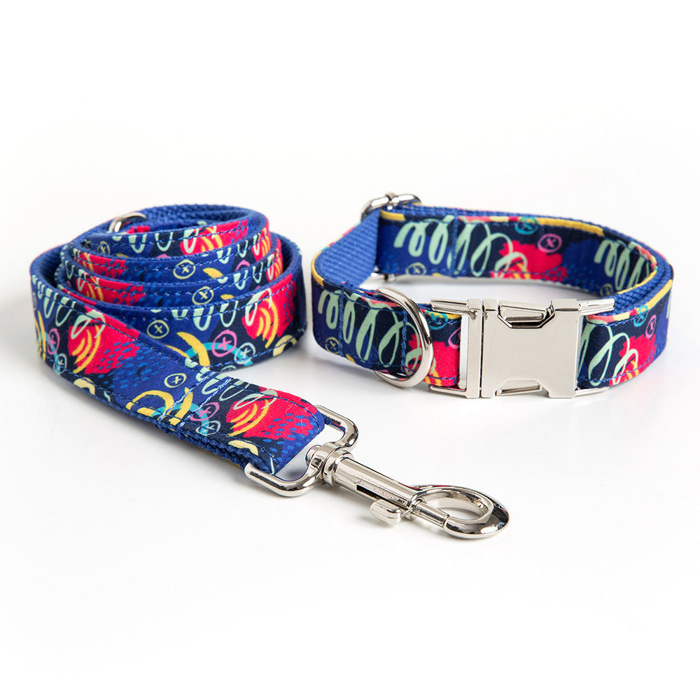 KFX-9066045 Graffiti Print Pet Collar and Leash Set in Blue for All Pets